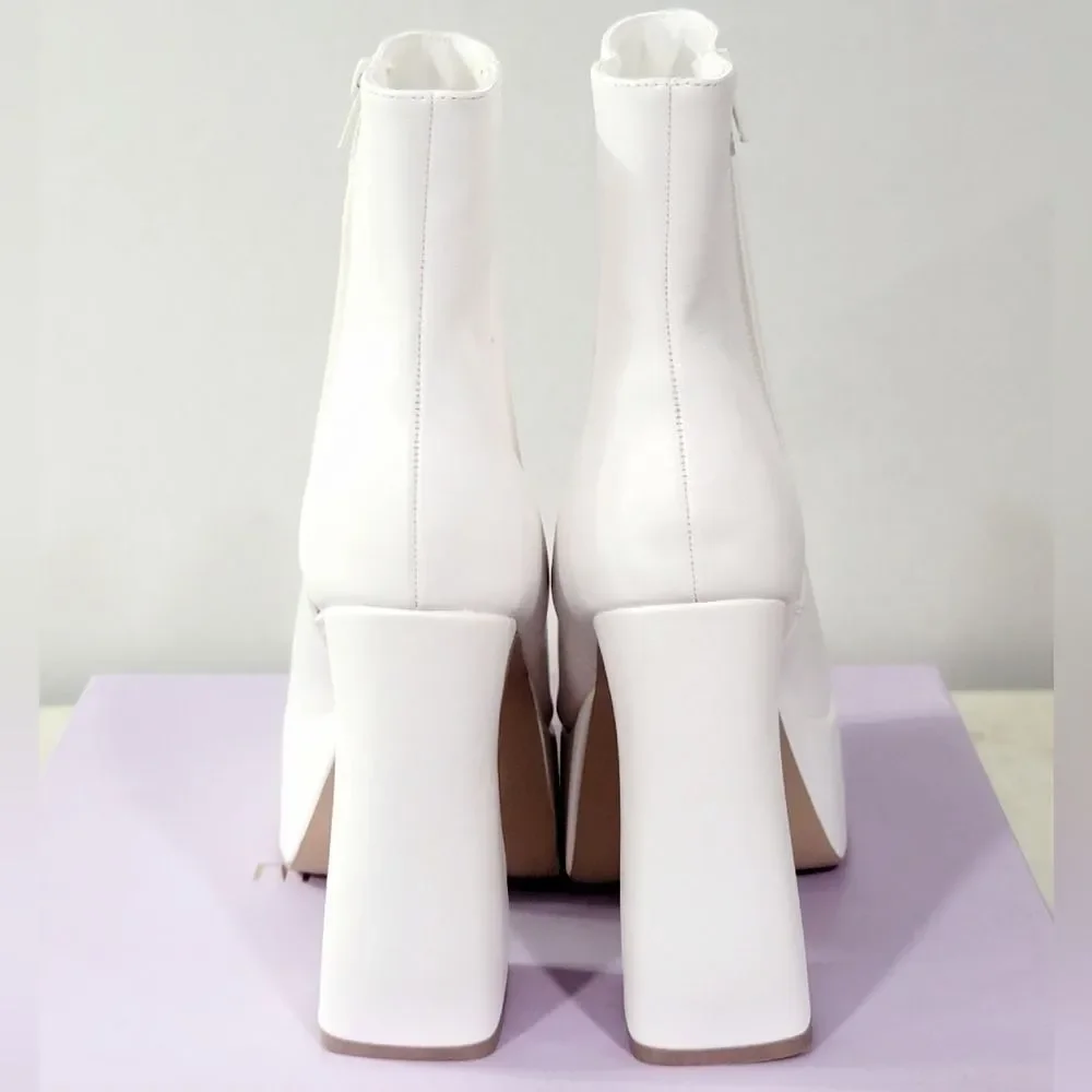 Madden Girl Women's Kourtt Mid-Calf Faux Leather Platform Boots White Pari NIB
